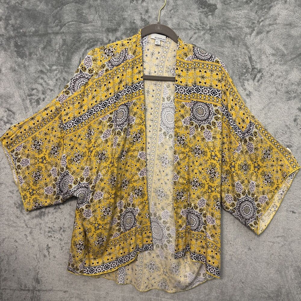 Allison Joy Kimono Top M/L yellow blue geometric boho rayon soft